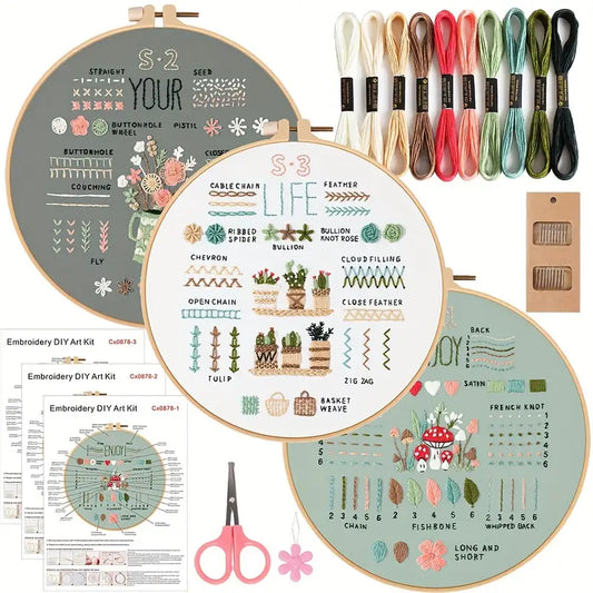 3 Pack DIY Beginner Embroidery Kit- Floral Flower Pattern-Pre Print Fabric-embroidery kit beginner-Hoop art-DIY Craft Kit