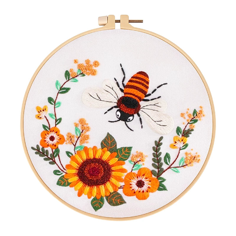 Sunflower Bee Embroidery Kit Ready to Stitch, All Supplies Included