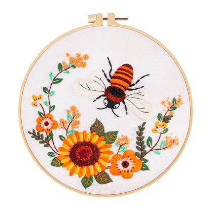 Sunflower Bee Embroidery Kit Ready to Stitch, All Supplies Included
