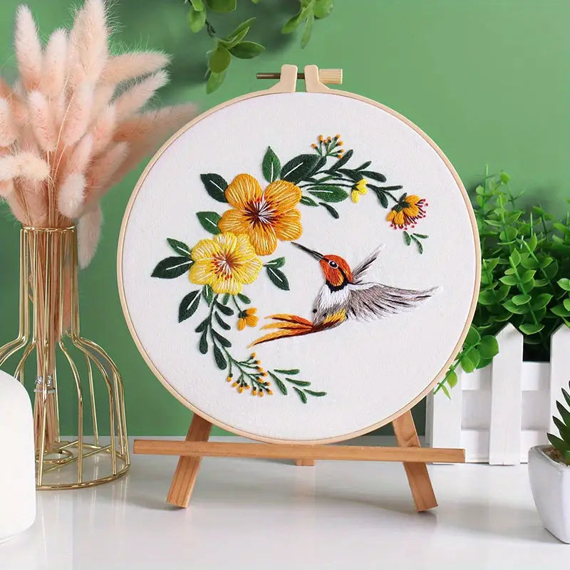 Floral and Hummingbird Embroidery Kit Beginner,Summer Flowers Wisteria Flower and Bird Hand Embroidery Starter Kit