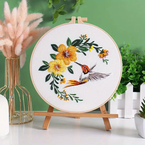 Floral and Hummingbird Embroidery Kit Beginner,Summer Flowers Wisteria Flower and Bird Hand Embroidery Starter Kit