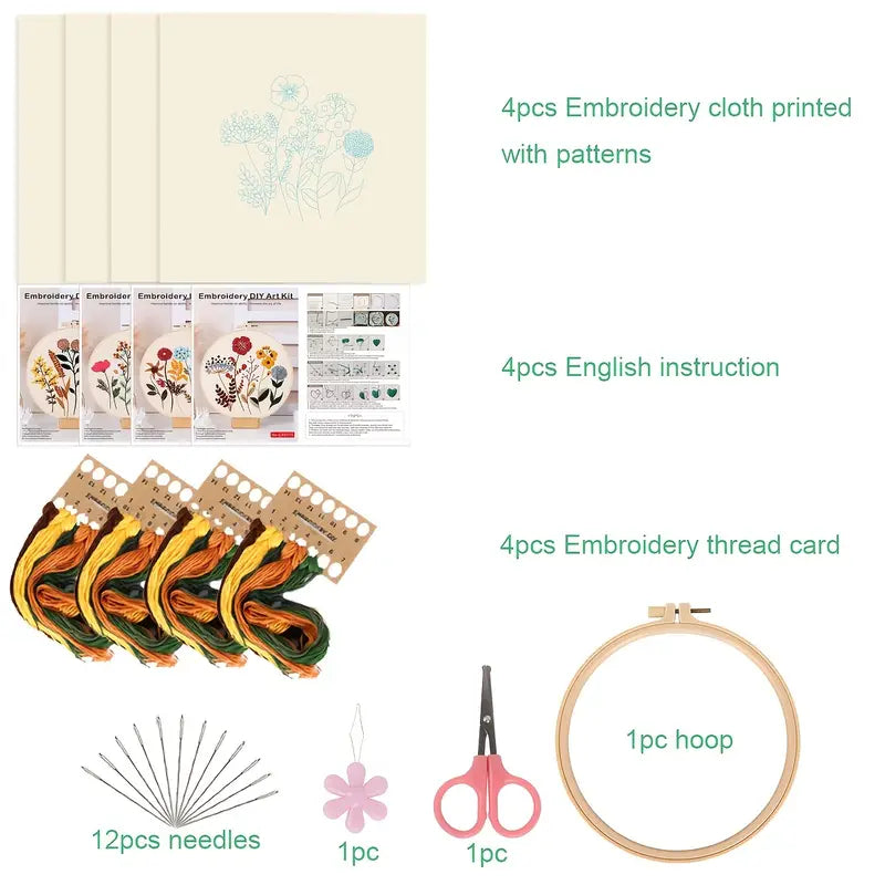 4pcs Embroidery Kit With Floral Pattern And Instructions Hoops Floss Threads Needles Easy Art Floral Kit with Hoop|DIY Starter Craft Kit for Adults