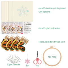 4pcs Embroidery Kit With Floral Pattern And Instructions Hoops Floss Threads Needles Easy Art Floral Kit with Hoop|DIY Starter Craft Kit for Adults
