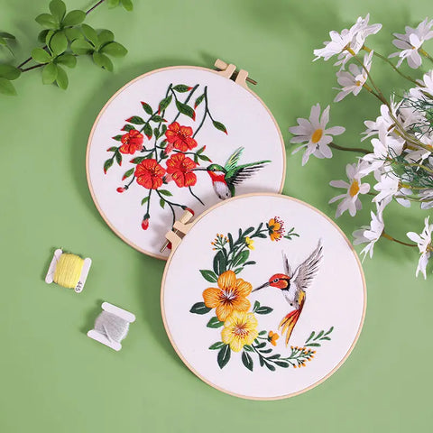Floral and Hummingbird Embroidery Kit Beginner,Summer Flowers Wisteria Flower and Bird Hand Embroidery Starter Kit