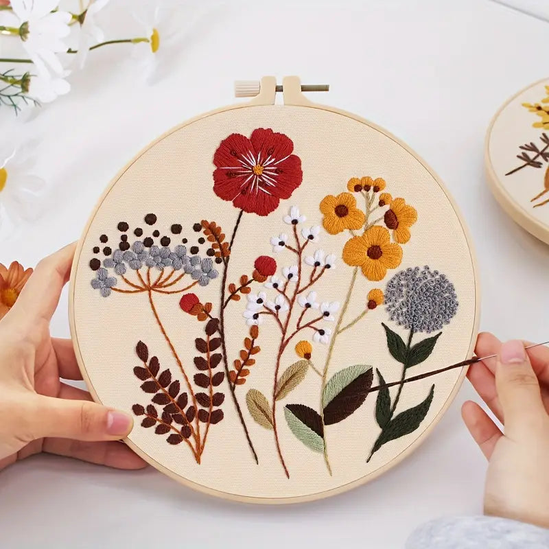 4pcs Embroidery Kit With Floral Pattern And Instructions Hoops Floss Threads Needles Easy Art Floral Kit with Hoop|DIY Starter Craft Kit for Adults