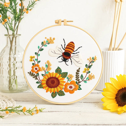 Sunflower Bee Embroidery Kit Ready to Stitch, All Supplies Included