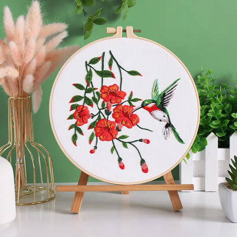 Floral and Hummingbird Embroidery Kit Beginner,Summer Flowers Wisteria Flower and Bird Hand Embroidery Starter Kit