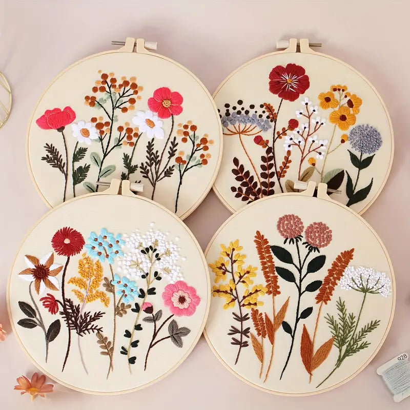 4pcs Embroidery Kit With Floral Pattern And Instructions Hoops Floss Threads Needles Easy Art Floral Kit with Hoop|DIY Starter Craft Kit for Adults