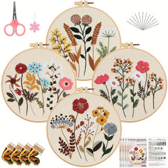 4pcs Embroidery Kit With Floral Pattern And Instructions Hoops Floss Threads Needles Easy Art Floral Kit with Hoop|DIY Starter Craft Kit for Adults