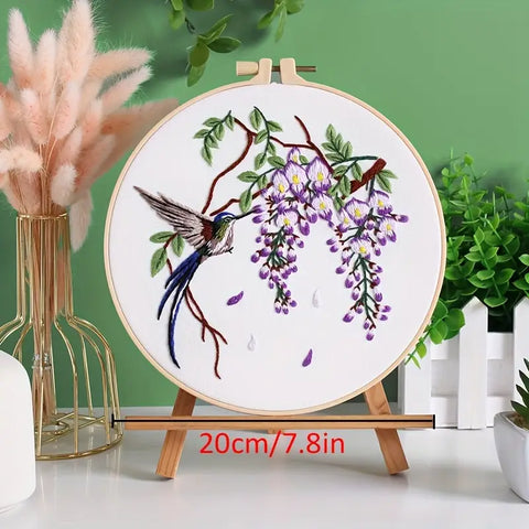 Floral and Hummingbird Embroidery Kit Beginner,Summer Flowers Wisteria Flower and Bird Hand Embroidery Starter Kit