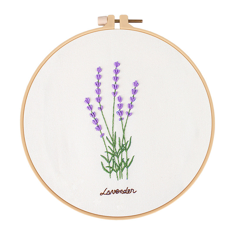 A collection of oval-shaped embroidery hoops with floral patterns, along with embroidery floss and a needle, displayed on a wooden surface.