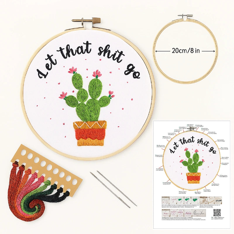 Illustrated stitch guide sheet with full step-by-step instructions
Complete thread bundle
A square of cotton fabric featuring the pattern
1 Plastic embroidery hoop(20 cm diameter)
2 Embroidery needles