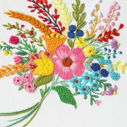 Colorful embroidered floral design on a white background
