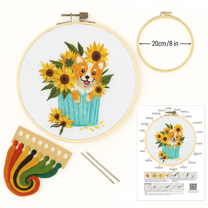 Embroidery kit with a dog and sunflower design, including hoop, thread, and pattern guide.