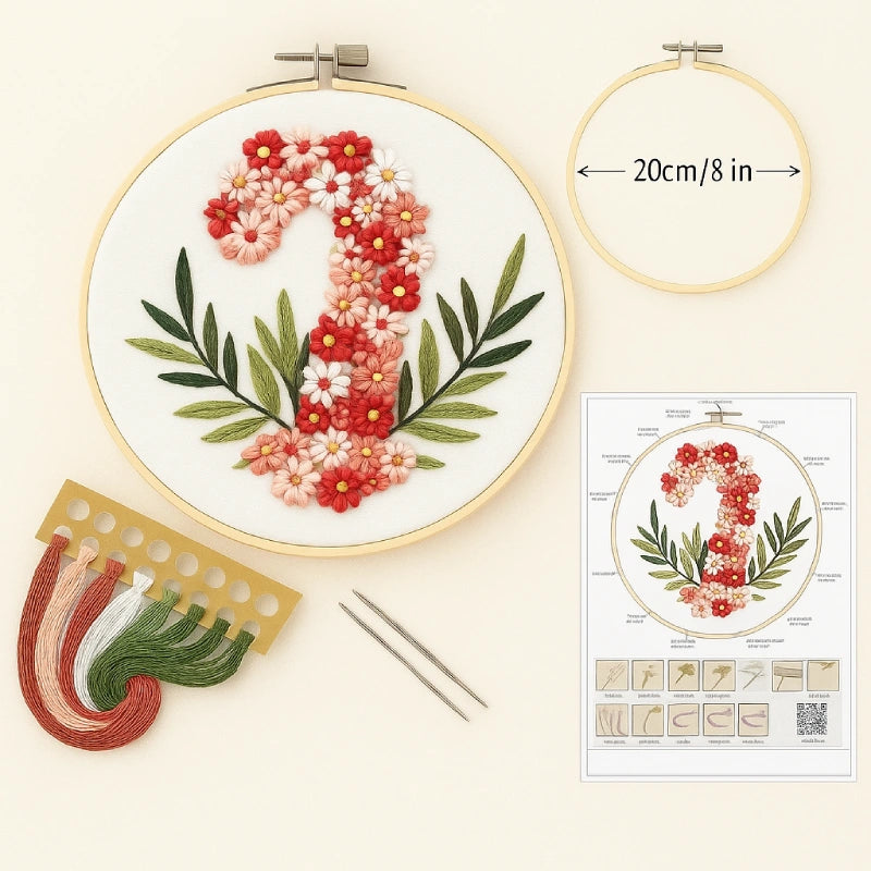 The embroidery kit includes: an embroidery hoop, a thread bundle, an English instruction manual, 2 needles, and one piece of fabric.
