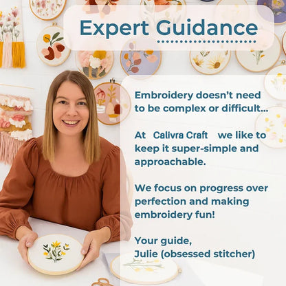 Woman holding an embroidery project with text about Calivra Craft's approach to embroidery.