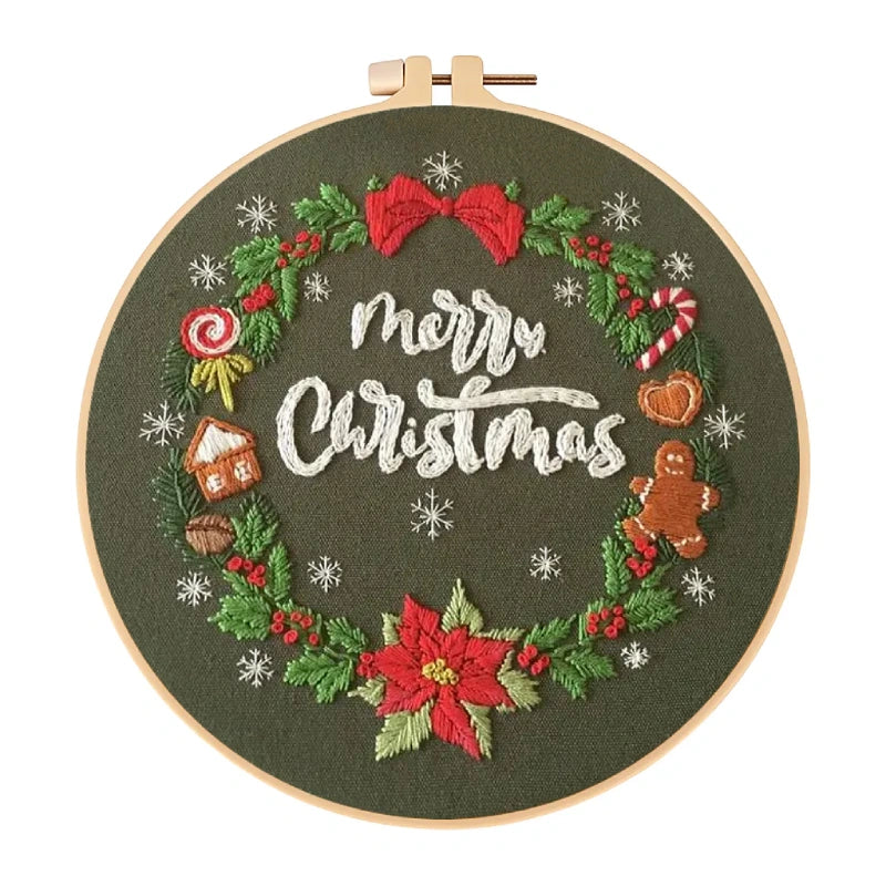 Embroidery hoop with 'Merry Christmas' text and festive decorations on a green background