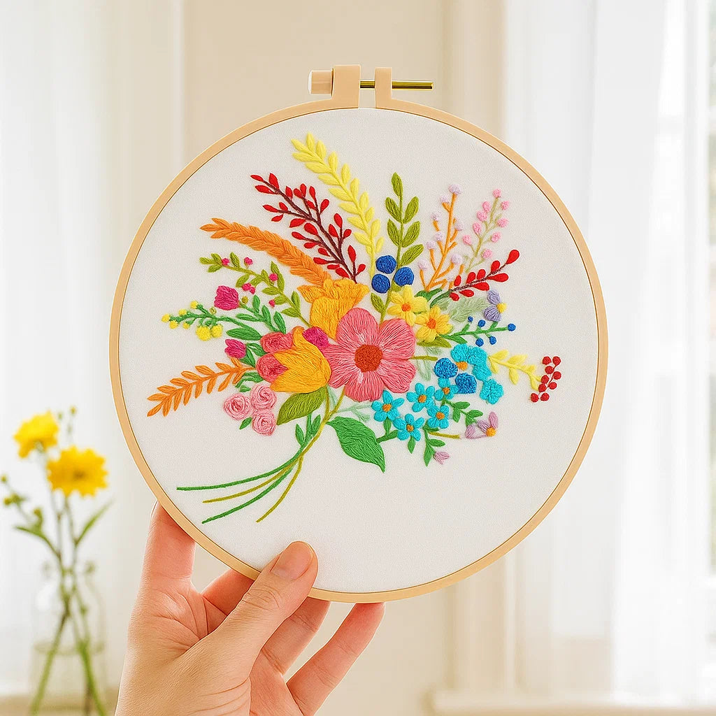 Embroidery hoop with colorful floral design held by a hand, with a blurred background.