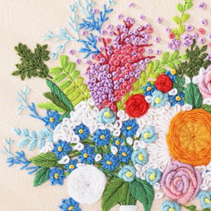 Colorful embroidered floral design on a beige background