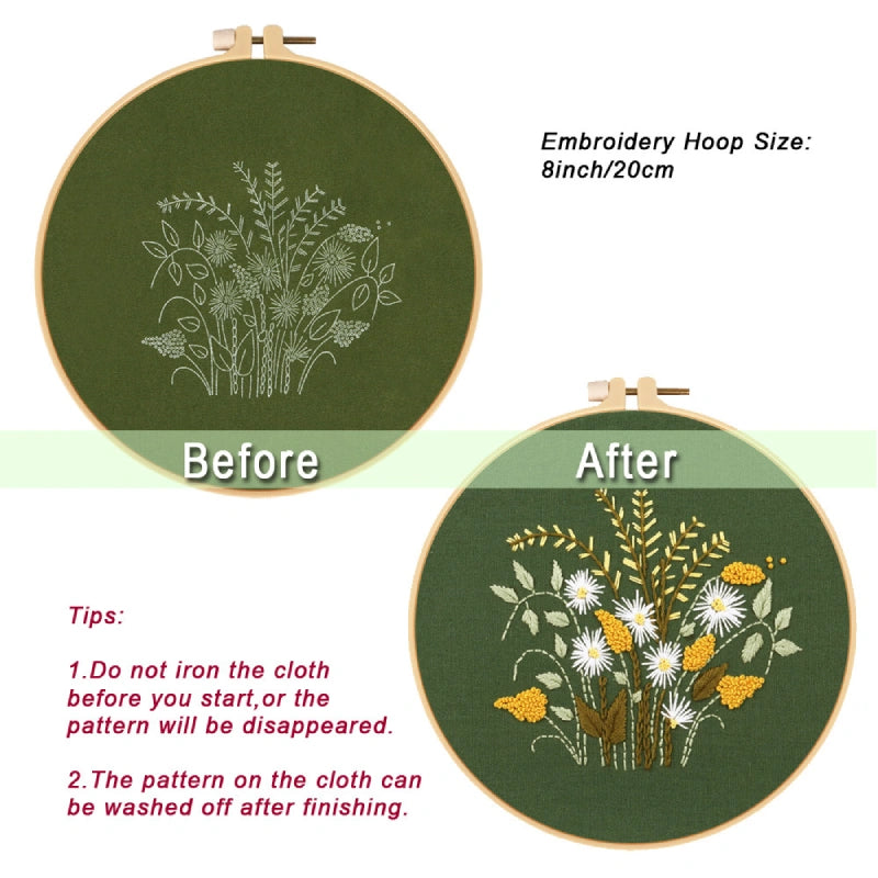 Embroidery hoop with floral design before and after embroidery on a green fabric background.