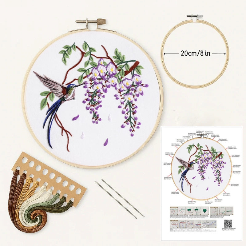 Embroidery kit with hoop, thread, and pattern on a white background