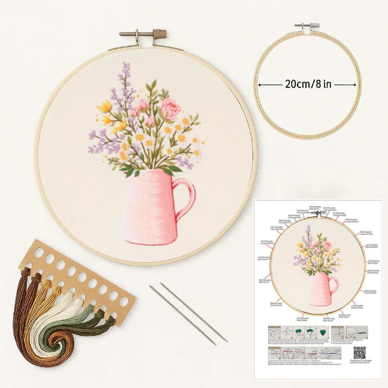 Embroidery hoop with floral design, thread, and instructions on a white background