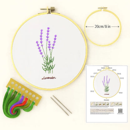 Illustrated stitch guide sheet with full step-by-step instructions
Complete thread bundle
A square of cotton fabric featuring the pattern
1 Plastic embroidery hoop(20 cm diameter)
2 Embroidery needles