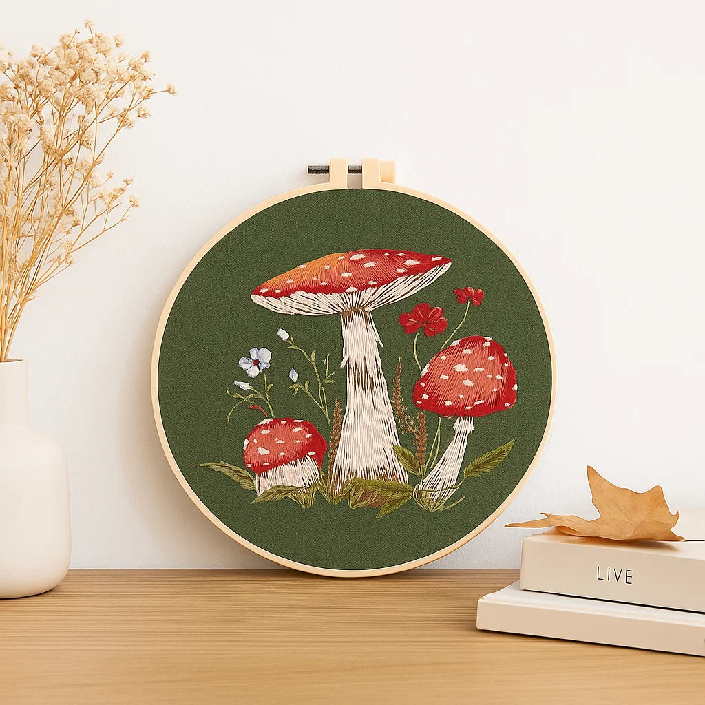 Embroidery hoop with mushroom design on a green background, placed on a wooden surface with books and dried flowers.