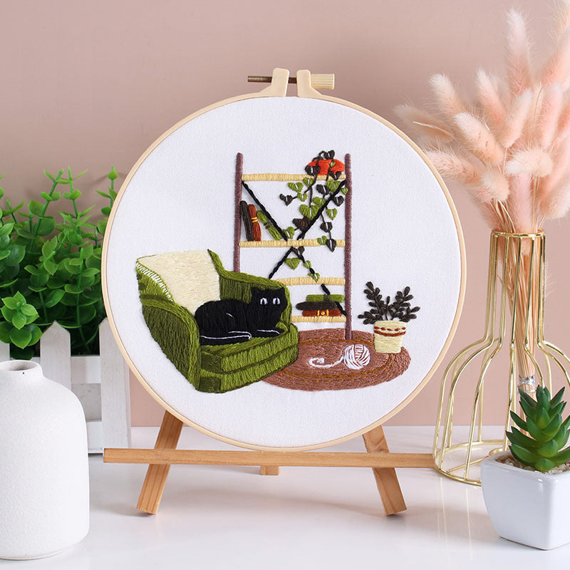 Cat Embroidery Kit For Beginner | Modern Crewel Embroidery Kit with Pattern | Floral Embroidery Full Kit Needlepoint Hoop