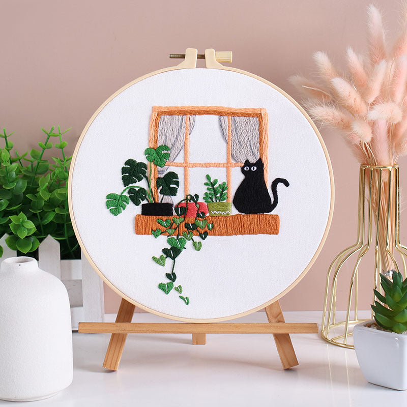 Cat Embroidery Kit For Beginner | Modern Crewel Embroidery Kit with Pattern | Floral Embroidery Full Kit Needlepoint Hoop