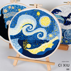 Van Gogh’s Starry Night Pattern-Hand Embroidery Full Kit-DIY Embroidery Hoop Wall Art Kit-Gifts for coworker