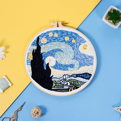 Van Gogh’s Starry Night Pattern-Hand Embroidery Full Kit-DIY Embroidery Hoop Wall Art Kit-Gifts for coworker