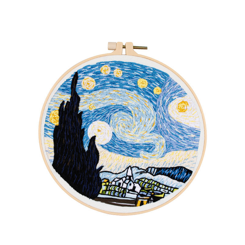 Van Gogh’s Starry Night Pattern-Hand Embroidery Full Kit-DIY Embroidery Hoop Wall Art Kit-Gifts for coworker