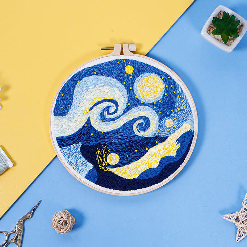 Van Gogh’s Starry Night Pattern-Hand Embroidery Full Kit-DIY Embroidery Hoop Wall Art Kit-Gifts for coworker