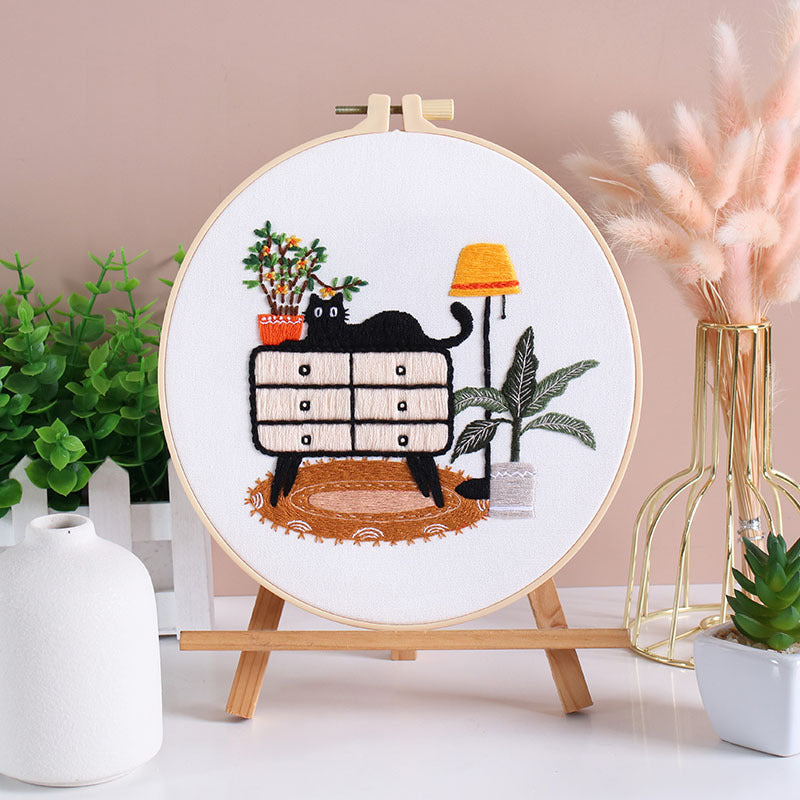 Cat Embroidery Kit For Beginner | Modern Crewel Embroidery Kit with Pattern | Floral Embroidery Full Kit Needlepoint Hoop