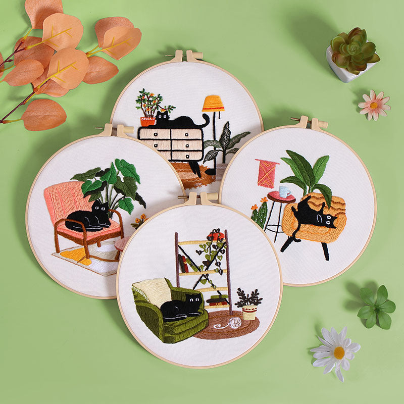 Cat Embroidery Kit For Beginner | Modern Crewel Embroidery Kit with Pattern | Floral Embroidery Full Kit Needlepoint Hoop