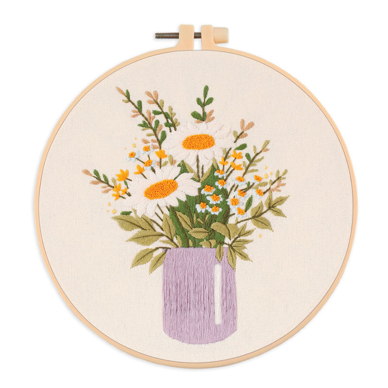 Modern Crewel Embroidery Kit with Pattern | Floral Embroidery Full Kit with Needlepoint Hoop| DIY Craft Kit