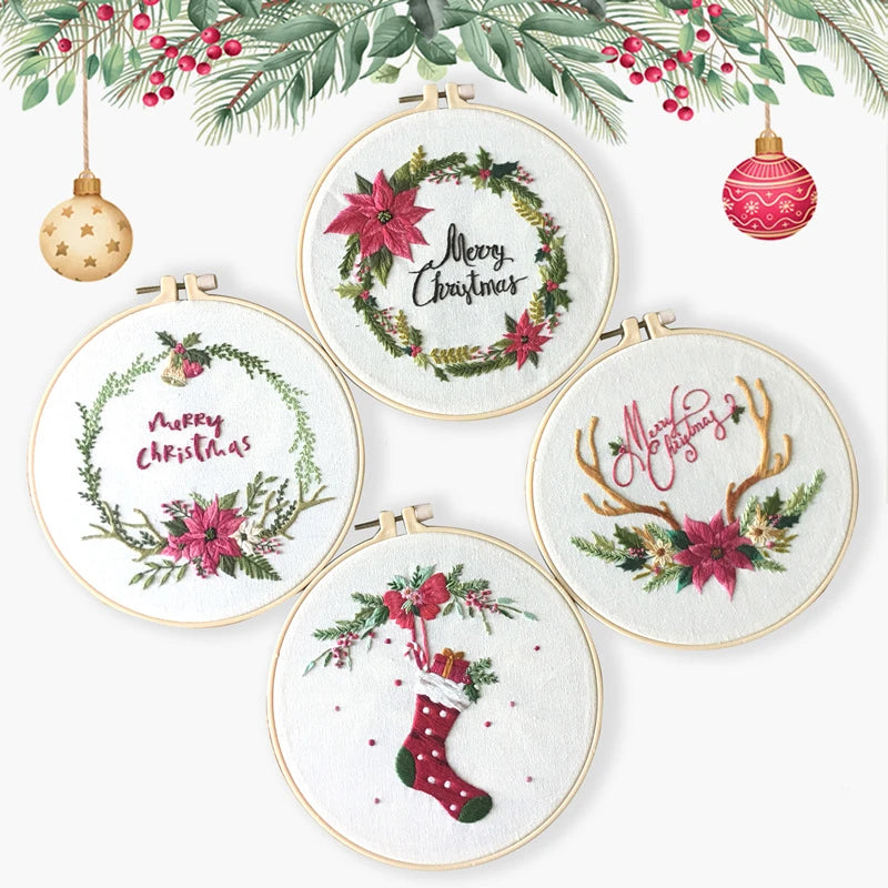 Set of Christmas-themed embroidery hoops with festive designs on a white background.