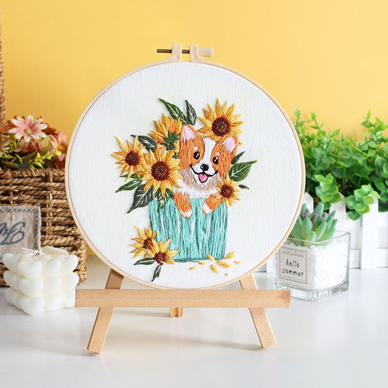 The embroidery hoop is beautifully displayed on a stand.Perfect for home decoration
