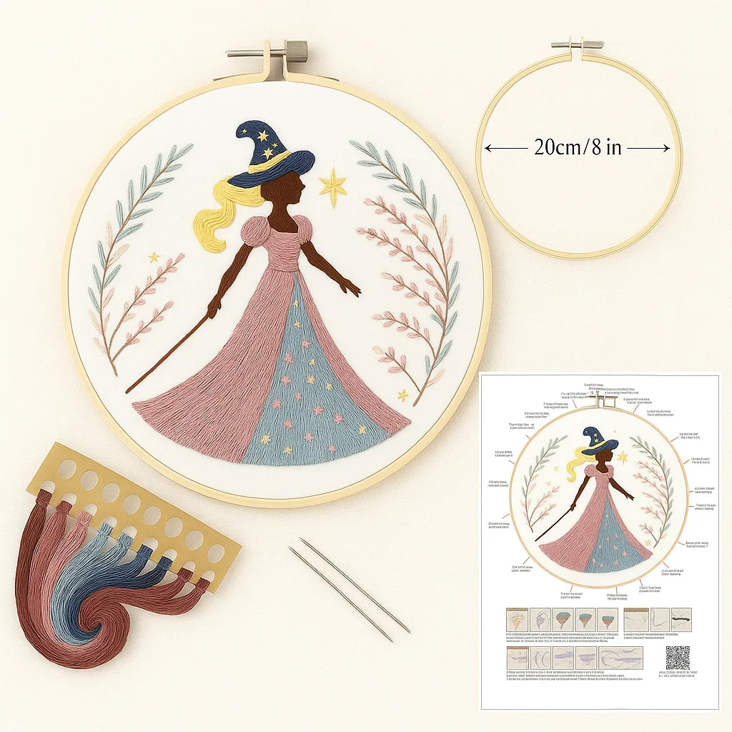 Everything you need to create your own magical embroidery artwork!
This complete embroidery kit includes:

🪡 1 Embroidery Hoop (20cm / 8in) – sturdy and easy to tighten.

🎨 Pre-sorted Color Threads & 2 Needles – high-quality cotton threads with smooth texture and rich colors.

🧵 Pre-printed Fabric – pattern printed with washable ink that disappears after rinsing with water.

📖 English Instruction Booklet – step-by-step guide with clear diagrams for beginners and hobbyists.

Perfect for relaxing craft ti