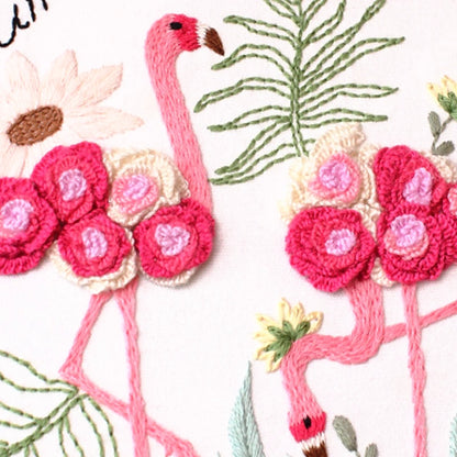 Two pink flamingo with floral details on a white background.