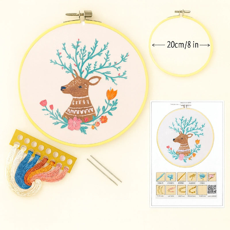 

Illustrated stitch guide sheet with full step-by-step instructions
Complete thread bundle
A square of cotton fabric featuring the pattern
1 Plastic embroidery hoop(20 cm diameter)
2 Embroidery needles
