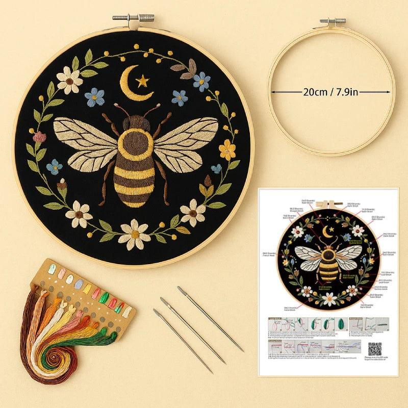 What's Included:

Illustrated stitch guide sheet with full step-by-step instructions
Complete thread bundle
A square of cotton fabric featuring the pattern
1 Bamboo embroidery hoop(20 cm diameter)
2 Embroidery needles