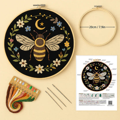 What's Included:

Illustrated stitch guide sheet with full step-by-step instructions
Complete thread bundle
A square of cotton fabric featuring the pattern
1 Bamboo embroidery hoop(20 cm diameter)
2 Embroidery needles