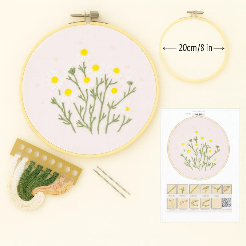 

Illustrated stitch guide sheet with full step-by-step instructions
Complete thread bundle
A square of cotton fabric featuring the pattern
1 Plastic embroidery hoop(20 cm diameter)
2 Embroidery needles