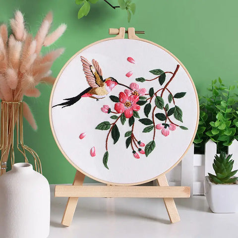Floral and Hummingbird Embroidery Kit Beginner,Summer Flowers Wisteria Flower and Bird Hand Embroidery Starter Kit