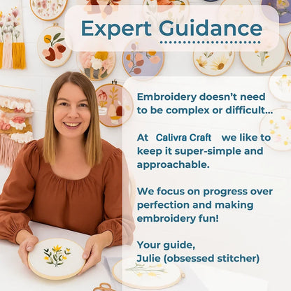 Woman holding an embroidery hoop with text about Calivra Craft's approach to embroidery.