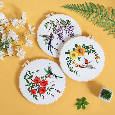 Floral and Hummingbird Embroidery Kit Beginner,Summer Flowers Wisteria Flower and Bird Hand Embroidery Starter Kit