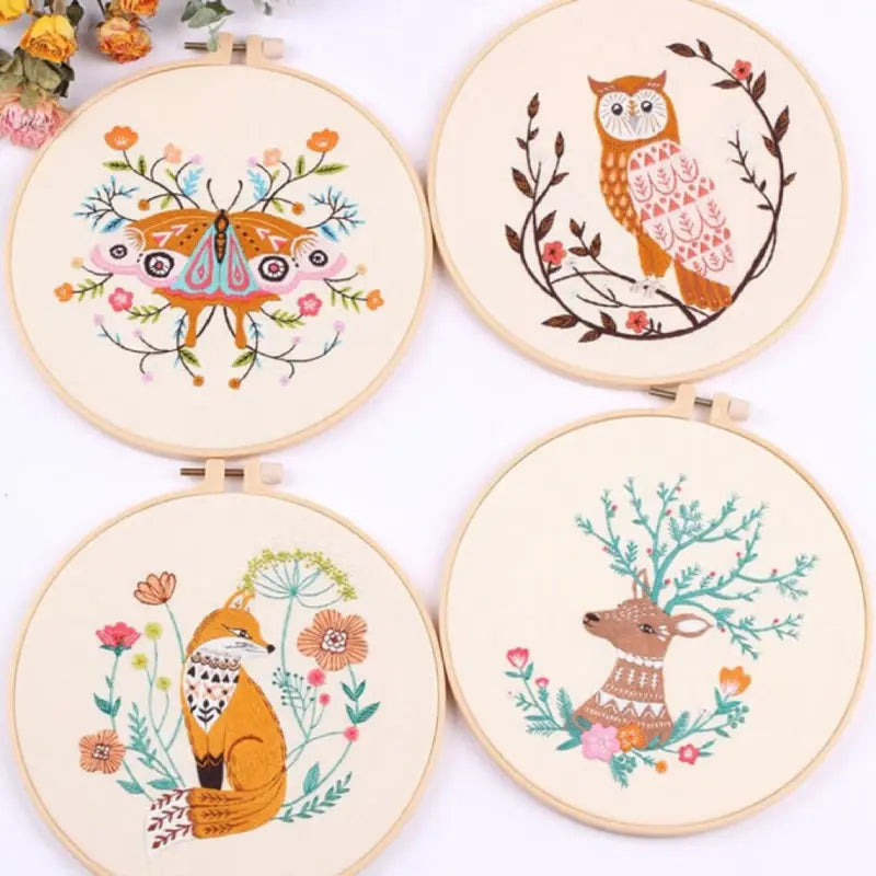 Cute animal embroidery kit with hoop and threads for beginners