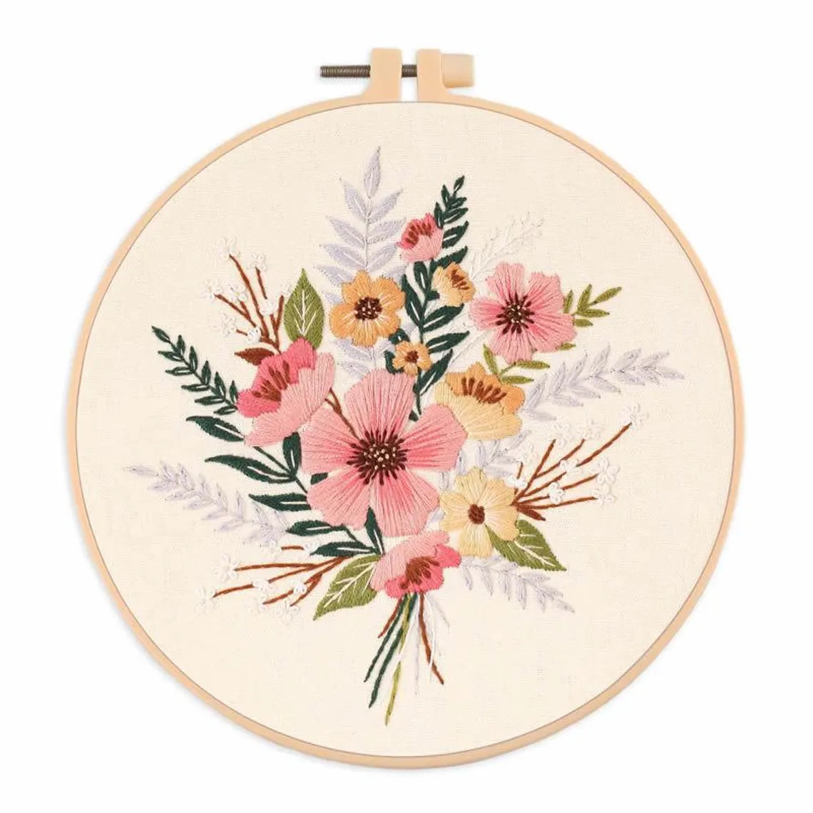 punch and crewel flower embroidery on linen fabric
